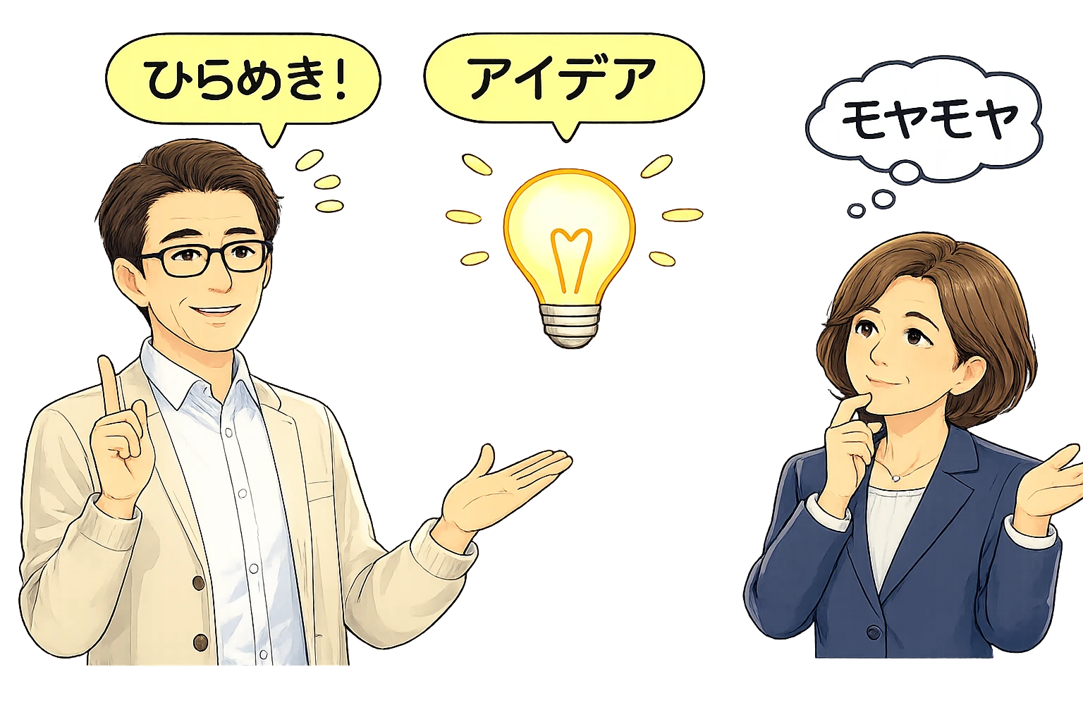 対話を通じてアイデアを整理する様子のイラスト